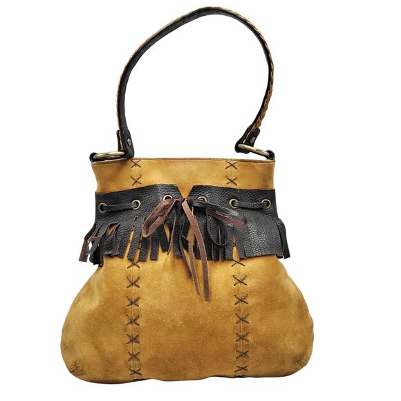 Inge Sport Handbags - Vintage Inge Sport Boho Yellow Tan Suede Stitched Fringe Accent Shoulder Bag